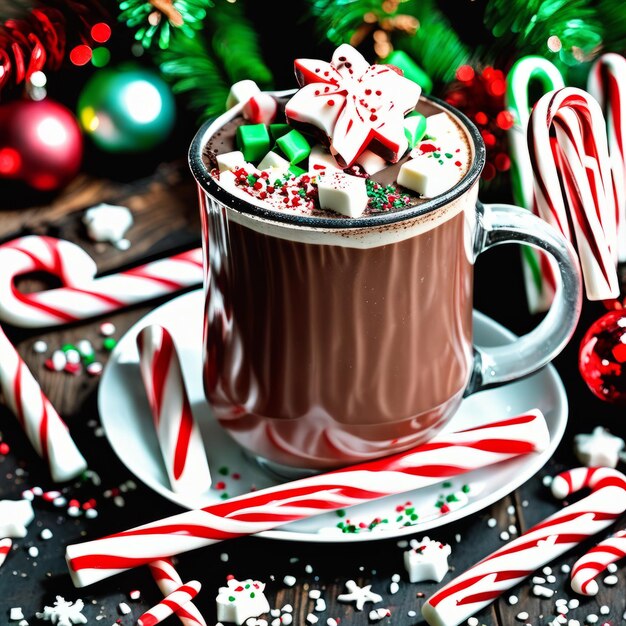Foto zwei hausgemachte heiße schokoladenbecher mit marshmallows auf einem rustikalen weihnachtstisch aus holz