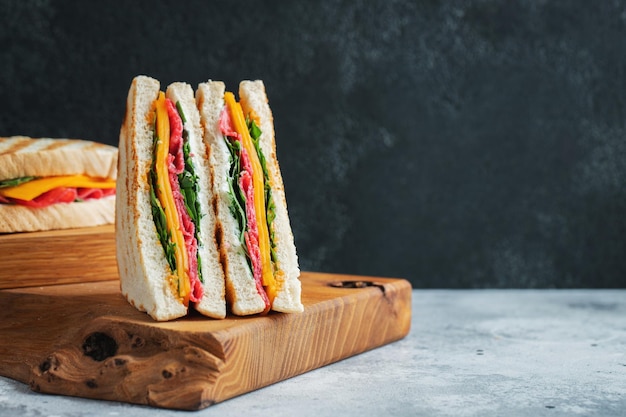 Zwei hausgemachte Sandwiches mit Wurstkäse und Rucola auf hellem Betonhintergrund