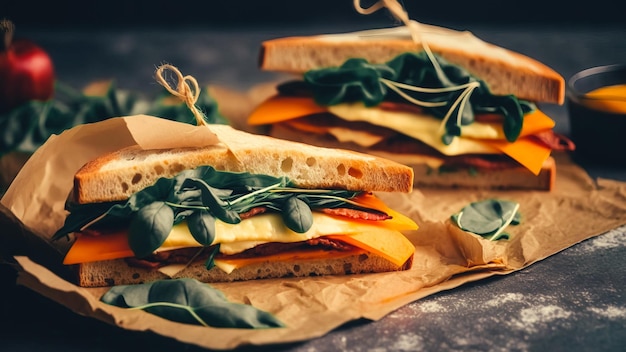 Foto zwei hausgemachte sandwiches mit wurstkäse und rucola