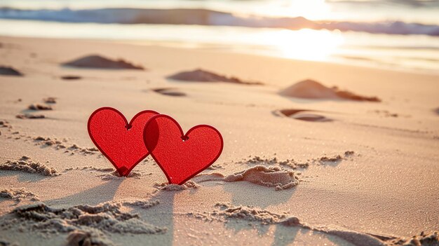 Foto zwei herzen auf dem strand sand bei sonnenuntergang valentinsfeiern