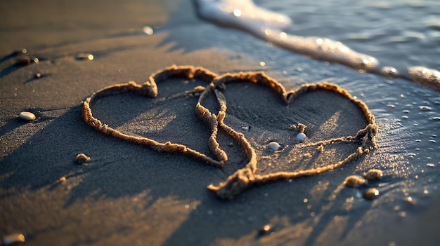 Zwei Herzen, die auf einem Strand im Sand gezeichnet sind