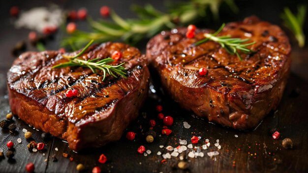 Foto zwei herzförmige rindfleischsteaks, gegrillt und gewürzt, perfekt für den valentinstag.