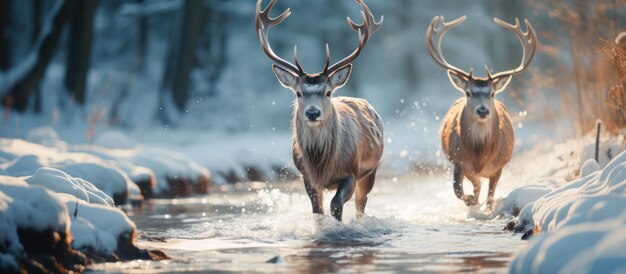 Zwei Hirsche liefen im Fluss.