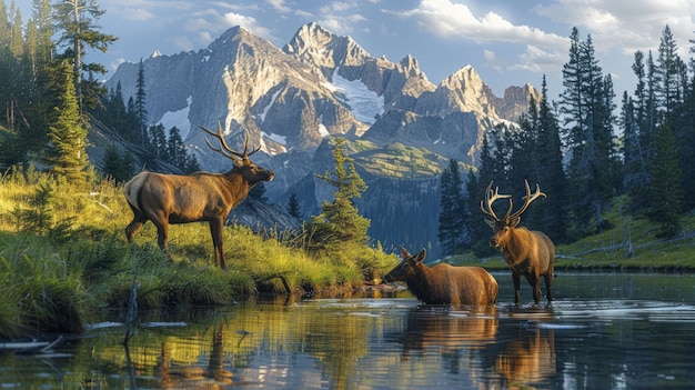 Zwei Hirsche stehen im Bergsee