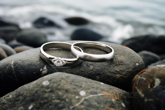 Foto zwei hochzeitsringe auf einem stein am meer