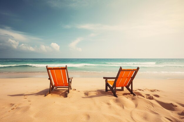 Zwei Holzstühle am tropischen Strand mit blauem Himmel Hintergrund Vintage-Ton