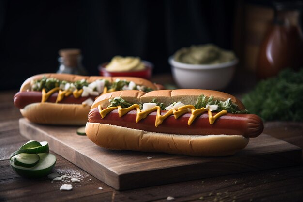 Zwei Hot Dogs auf einem Schneidebrett mit Senf und Senf darauf.