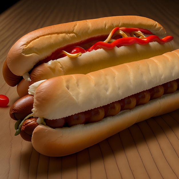 Zwei Hot Dogs mit Ketchup und Ketchup darauf