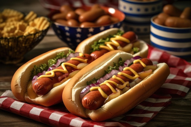 Zwei Hot Dogs stehen auf einem Tisch mit Pommes Frites und einer Schüssel Pommes Frites