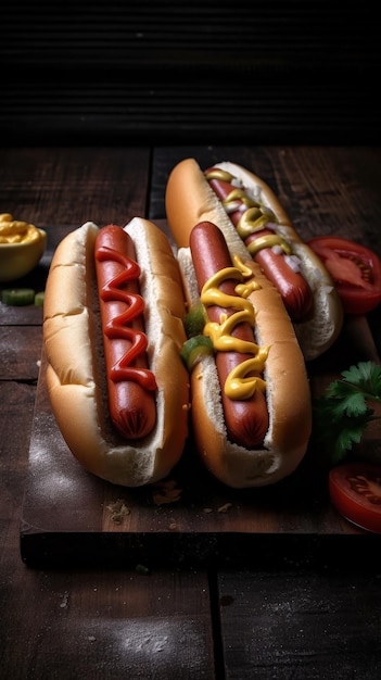Zwei Hotdogs mit Senf und Ketchup auf einem generativen KI-Schneidebrett