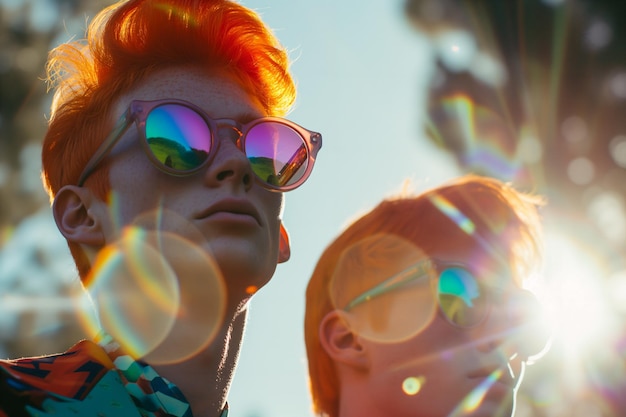 zwei hübsche Jungs im Stil der 1970er Jahre mit retro Haaren und Brille