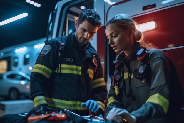 Foto zwei hübsche rettungssanitäter beladen einen krankenwagen mit einer trage