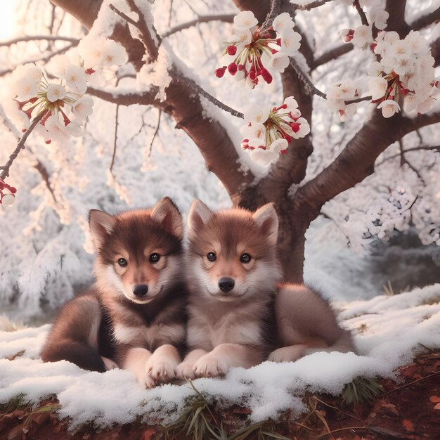 Zwei Hündchen des sibirischen Husky im Schnee auf dem Hintergrund eines blühenden Baumes Winter Tapeten