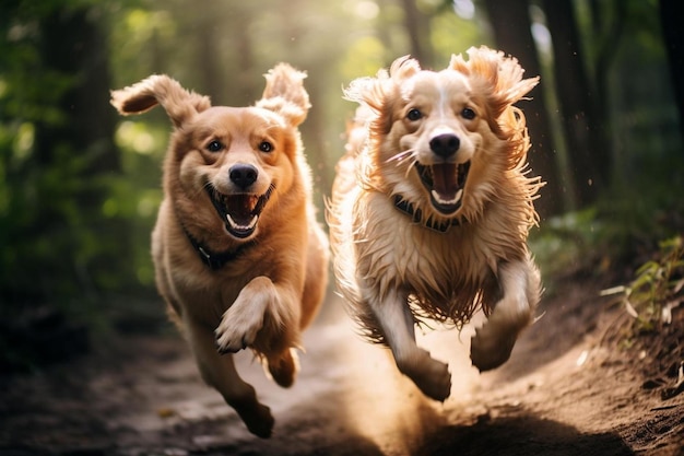 Zwei Hunde laufen durch den Wald, einer hat ein Lächeln im Gesicht.