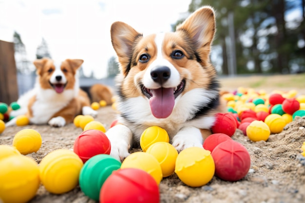 Foto zwei hunde liegen mit bällen auf dem boden