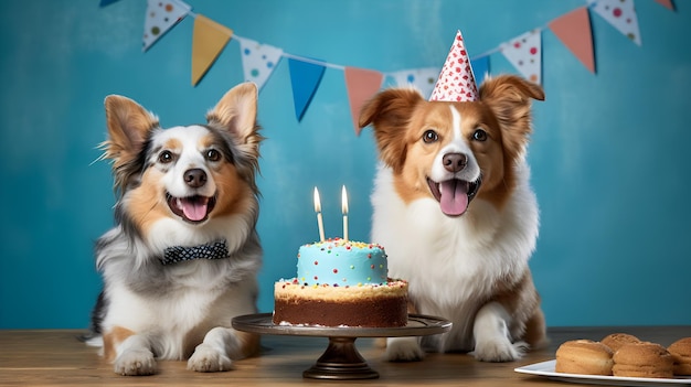 Zwei Hunde mit einer Geburtstagstorte, alles Gute zum Geburtstag