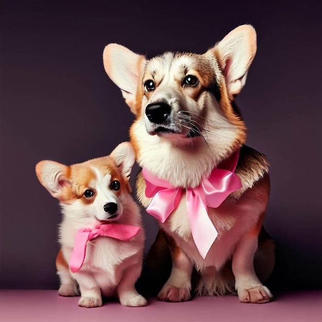 Zwei Hunde mit rosa Schleifen sitzen nebeneinander