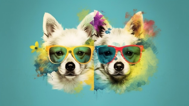 Zwei Hunde mit Sonnenbrille auf blauem Hintergrund, generatives KI-Bild