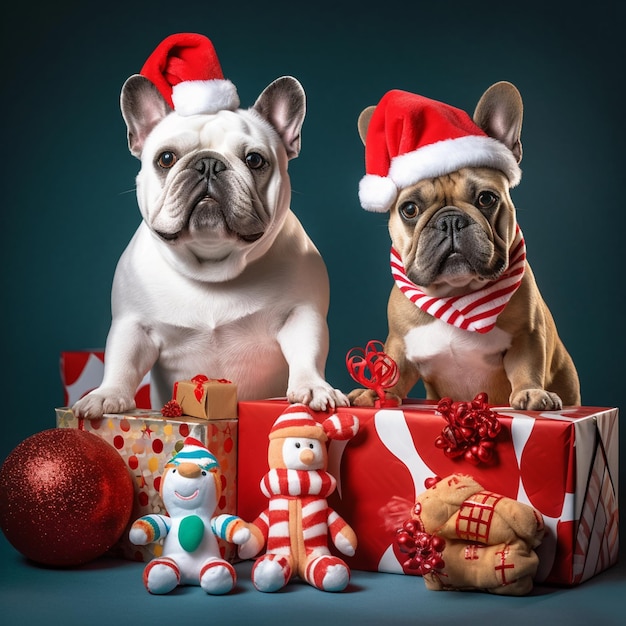 Zwei Hunde mit Weihnachtsmützen sitzen neben einem Weihnachtsgeschenk