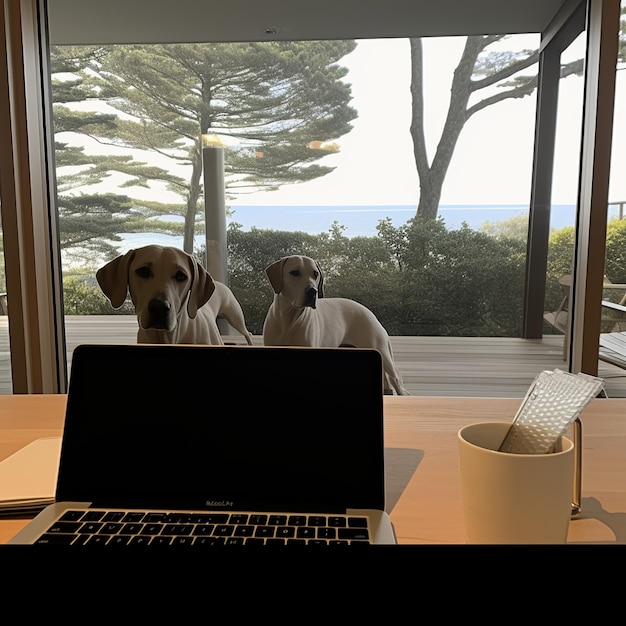 Zwei Hunde sitzen vor einem Fenster mit einem Laptop und ein Fenster mit dem Ozean im Hintergrund.