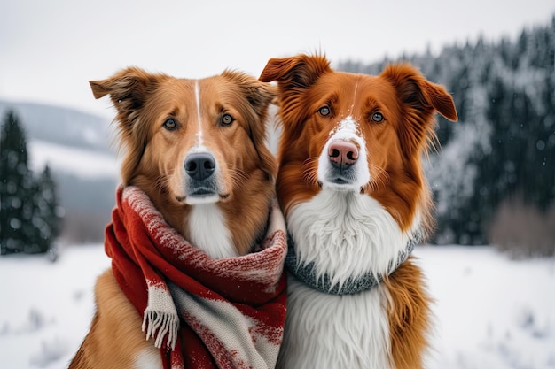 Zwei Hunde stehen in einer verschneiten Landschaft. Generative KI