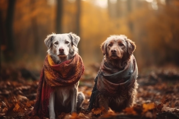 Zwei Hunde tragen einen Schal und sitzen im Wald. Generative KI