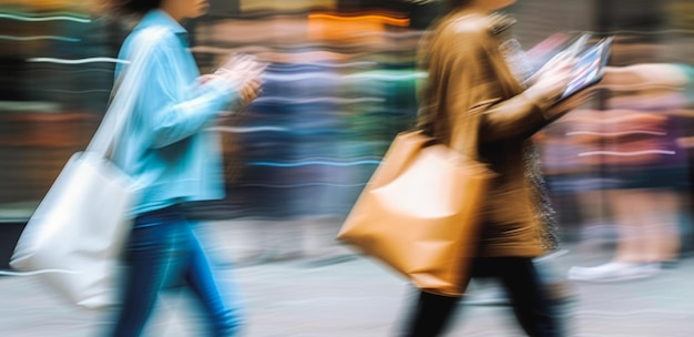 Zwei in Bewegung verschwommen Frauen mit Taschen auf der Straße der Stadt