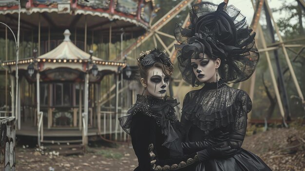 Zwei in Schwarz gekleidete junge Frauen mit dunklem Make-up stehen vor einem verlassenen Karussell