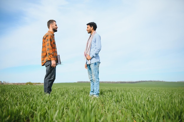 Zwei indische Bauern stehen auf dem Agrarfeld Das Konzept der Landwirtschaft