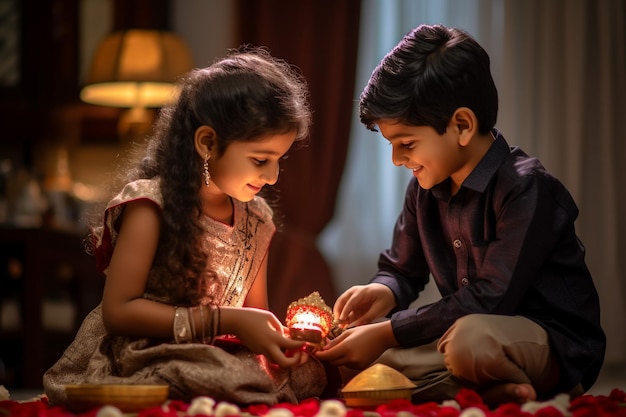 Zwei indische Frauen zünden anlässlich von Diwali, auch bekannt als das Lichterfest Decora, Diyas an