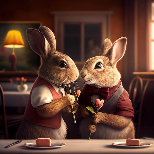 Zwei ineinander verliebte Kaninchen mit herzgenerativer KI-Kunst Zwei-Häschen-Valentinstag-Konzept