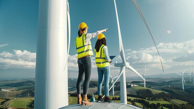 Zwei Ingenieure bewerten das Potenzial erneuerbarer Energien in einem Windpark unter klarem Himmel Professionelle Teamarbeit bei der nachhaltigen Entwicklung Umweltfreundliche Zukunft mit Windenergie KI