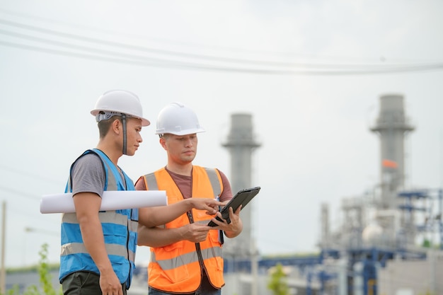 Zwei Ingenieure, die im Kraftwerk arbeiten, arbeiten glücklich zusammen, helfen sich gegenseitig, das Problem zu analysieren, beraten sich über Entwicklungsrichtlinien