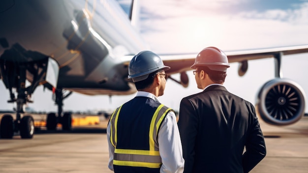 Zwei Ingenieure unterhalten sich auf der Baustelle für Triebwerksflugzeuge