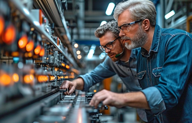 Zwei Ingenieure unterhalten sich in einer zeitgenössischen Industrie über die Produktionslinie und ihre Verwendung