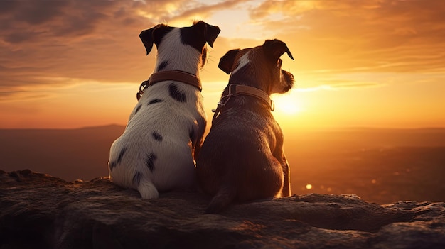 Zwei Jack-Russell-Hunde beobachten die große Sonne, während sie Silhouette-Konzept untergeht