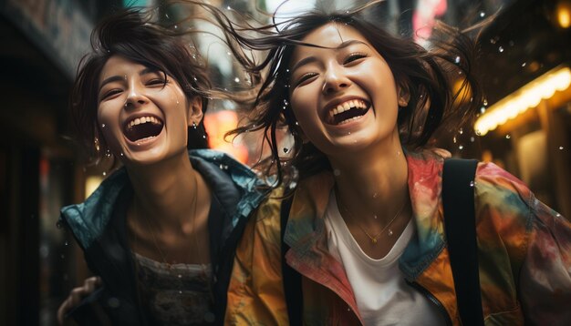 Zwei japanische Mädchen gehen durch die Einkaufsstraßen von Tokio und genießen die Stadt