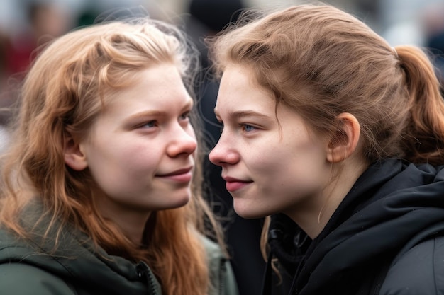 Foto zwei junge aktivistinnen motivieren sich gegenseitig während eines protests, der mit generativer ki erstellt wurde