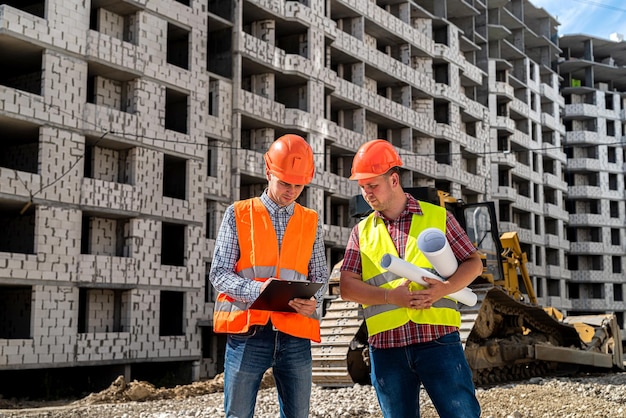 Zwei junge Arbeiter in Uniform erwägen ein Projekt zum Bau eines neuen Hauses