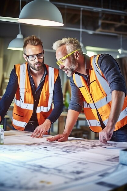 Foto zwei junge architekten und ein ingenieur mittleren alters diskutieren pläne in einem hell beleuchteten architekturstudio