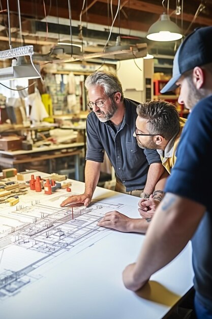 Foto zwei junge architekten und ein ingenieur mittleren alters diskutieren pläne in einer hell beleuchteten architektur