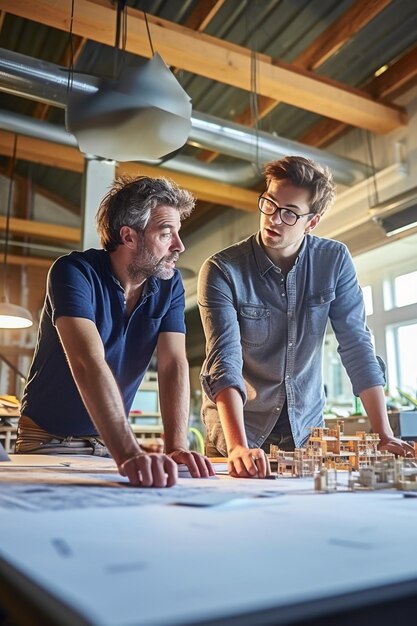 Foto zwei junge architekten und ein ingenieur mittleren alters diskutieren pläne in einer hell beleuchteten architektur