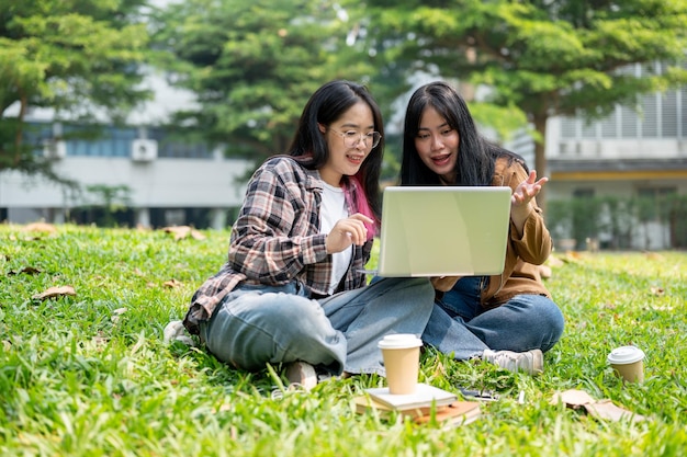 Zwei junge asiatische College-Studenten machen zusammen auf einem Laptop Hausaufgaben und sitzen auf dem Gras