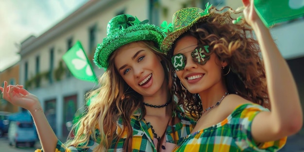 Foto zwei junge, attraktive frauen spielen am st. patrick's day. ein süßes mädchen feiert den st. patricks day.