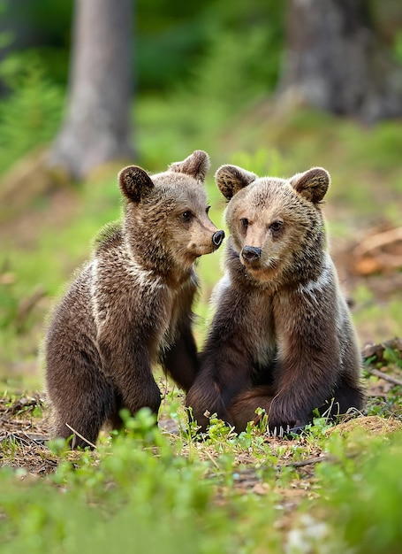 Foto zwei junge braunbärenjunge im wald porträt eines braunbärentiers in der natur