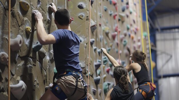 Foto zwei junge erwachsene, ein mann und eine frau, klettern auf einer innenkletterwand. der mann ist links und die frau rechts.