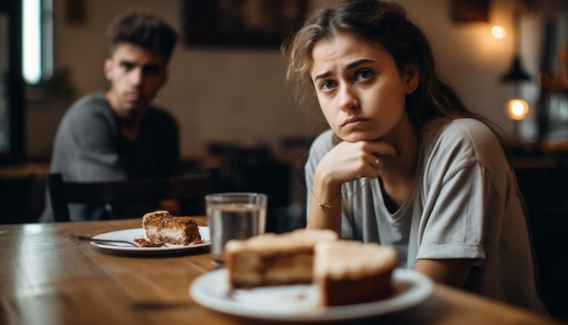 Zwei junge Erwachsene genießen ein süßes Dessert in einem von KI generierten Café