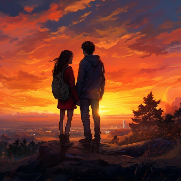 Zwei junge Erwachsene umarmen sich und genießen den ruhigen, von KI erzeugten Sonnenuntergang
