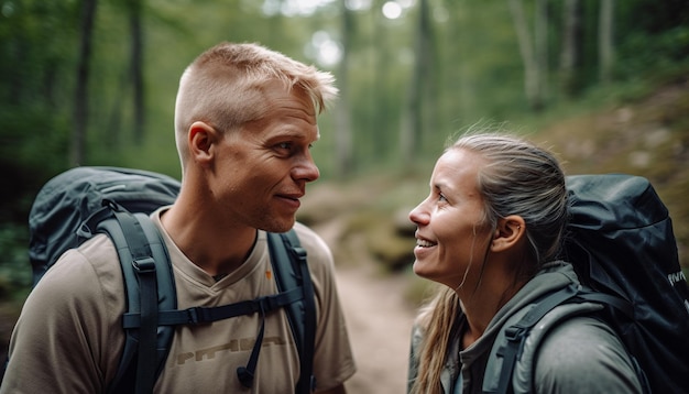 Foto zwei junge erwachsene wandern im wald, lächeln und genießen die von künstlicher intelligenz erzeugte natur