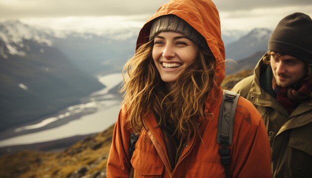 Foto zwei junge erwachsene wandern in den winterbergen, lächeln und verbinden sich durch ki